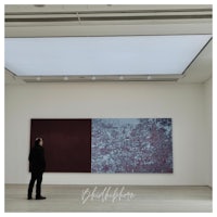 a man looking at a painting in an art museum
