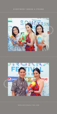 a group of people are posing for a photo at a festival