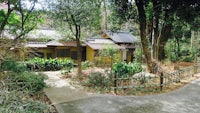a small house in the middle of a wooded area