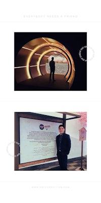 two pictures of a man standing in front of a poster