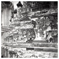 a black and white photo of a pagoda in thailand