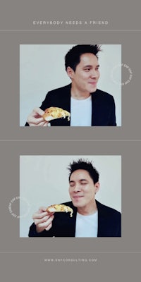two pictures of a man eating pizza