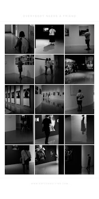 a series of black and white photos of people in a room