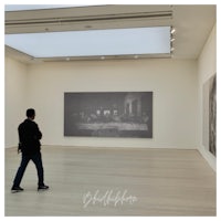 a man looking at paintings in an art museum