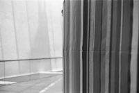 a black and white photo of a person standing in front of a curtain
