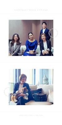 a group of people are sitting on a couch with a dog