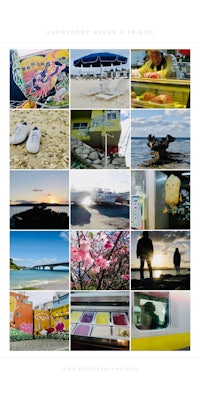 a collage of photos with a boat in the background