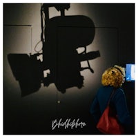 a woman standing in front of a shadow of a camera