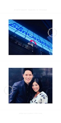 two pictures of a couple posing in front of a building