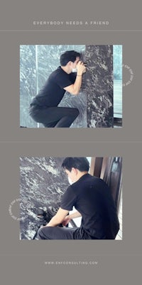 two pictures of a man leaning against a wall